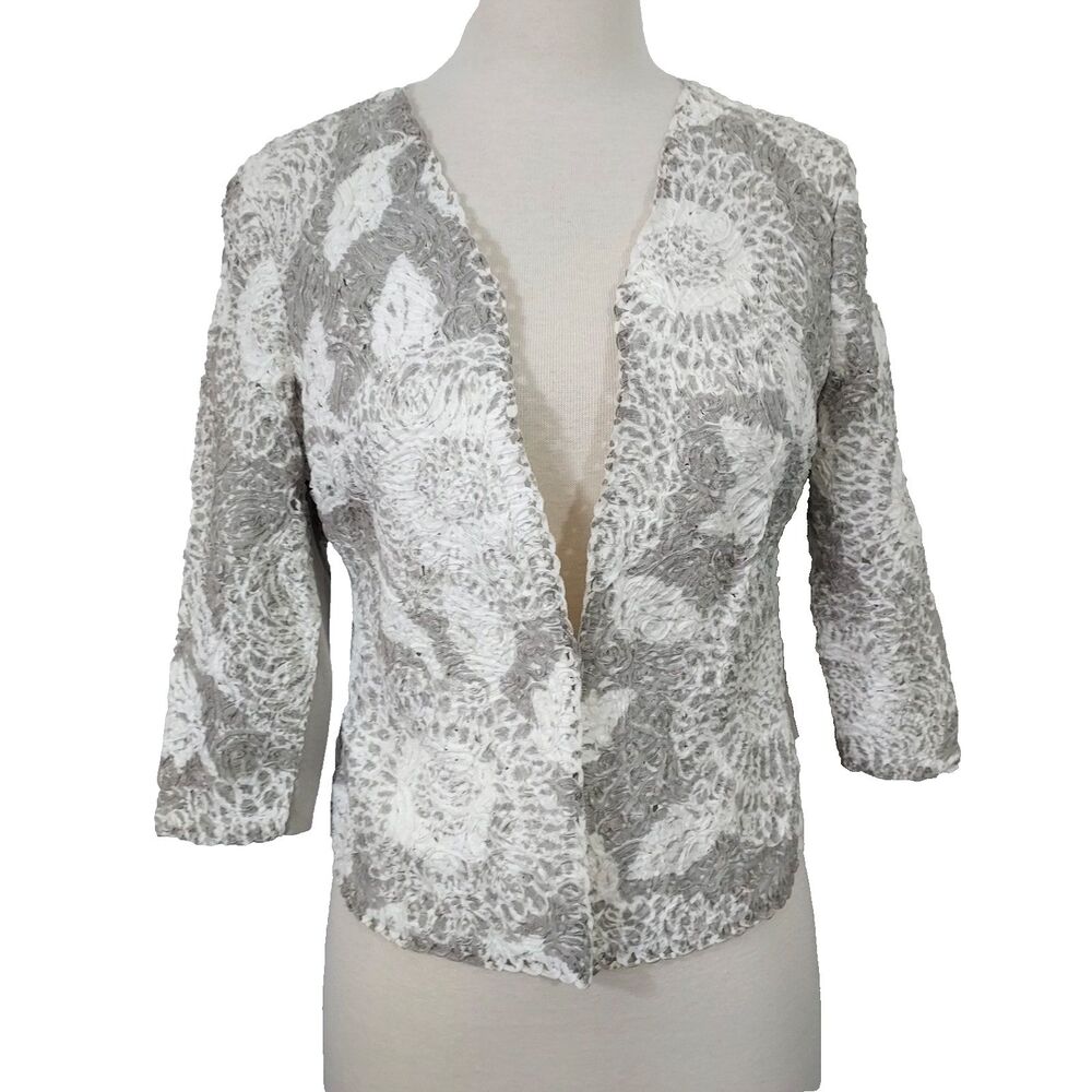 Nic + Zoe Cardigan Jacket Size PM Textured Applique Gray White 3/4 Sleeve